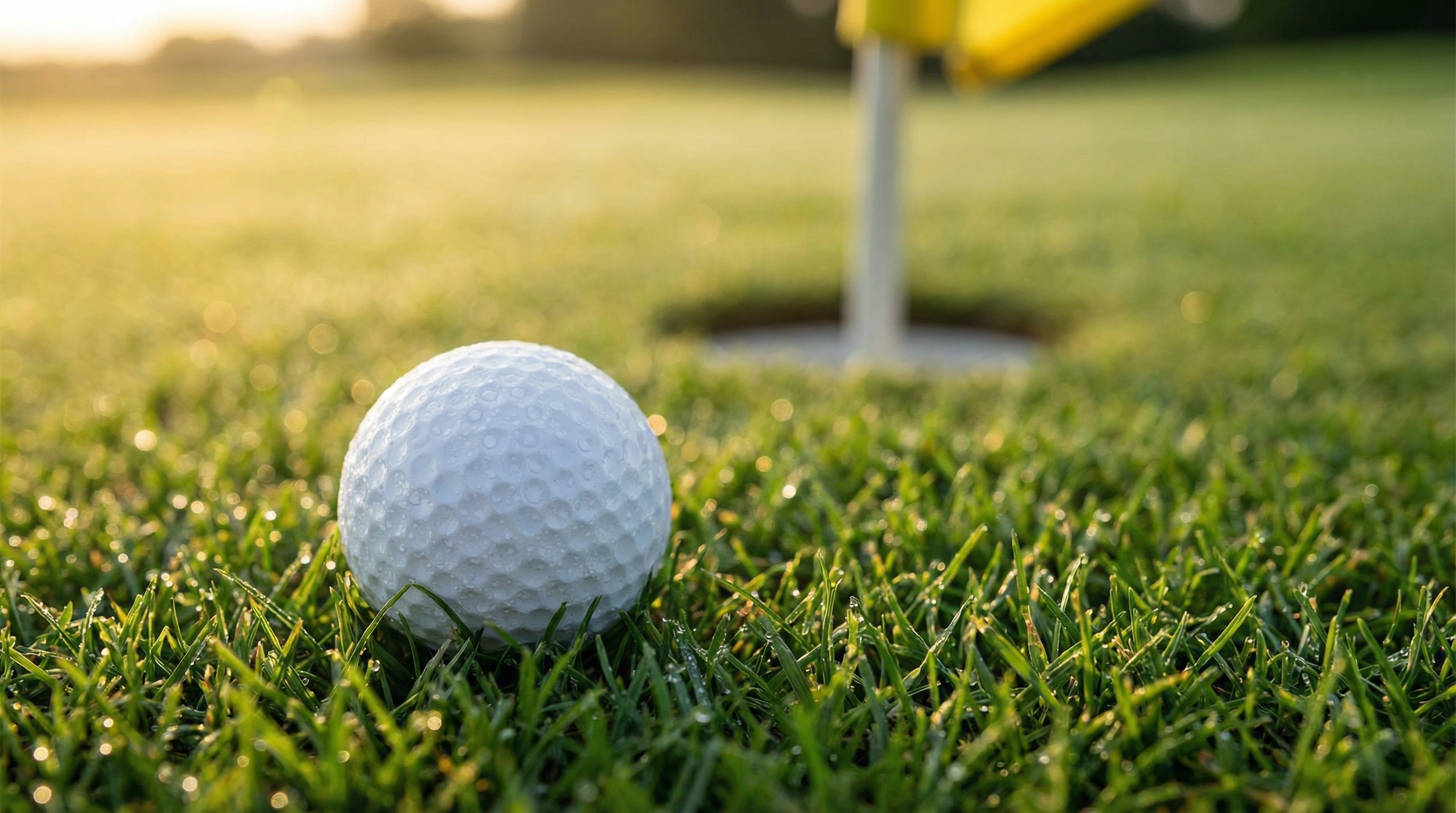 Golf ball on pristine green at sunrise